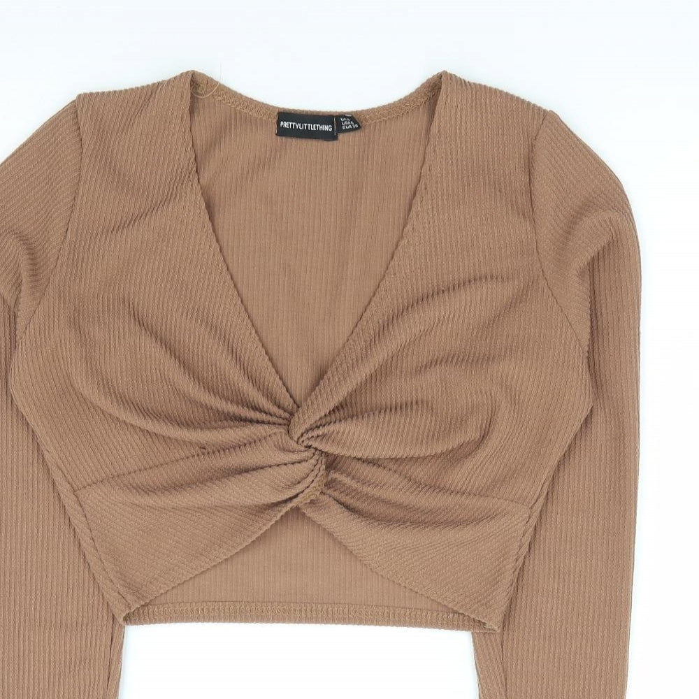 Pretty Little Thing Womens Brown Polyester Cropped T-Shirt Size 10 V-Neck