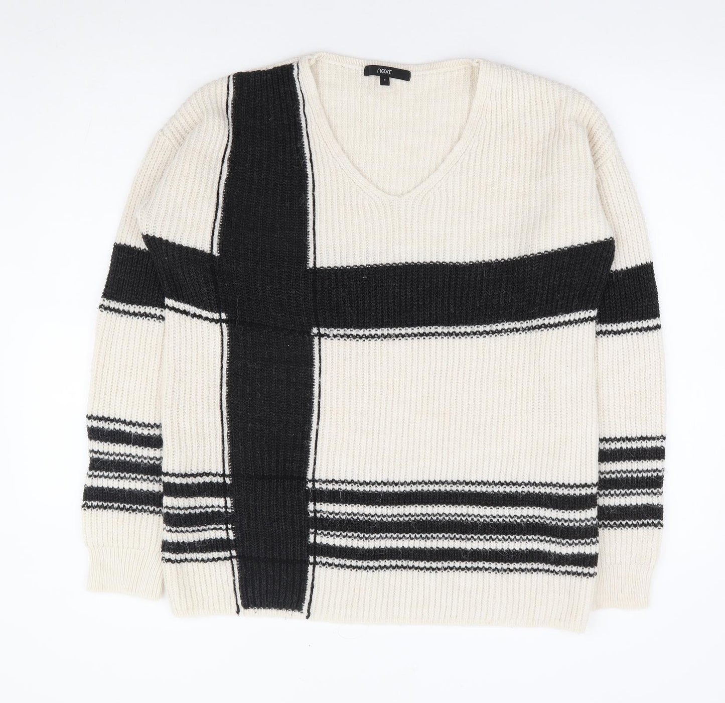 NEXT Womens Ivory V-Neck Geometric Acrylic Pullover Jumper Size 8