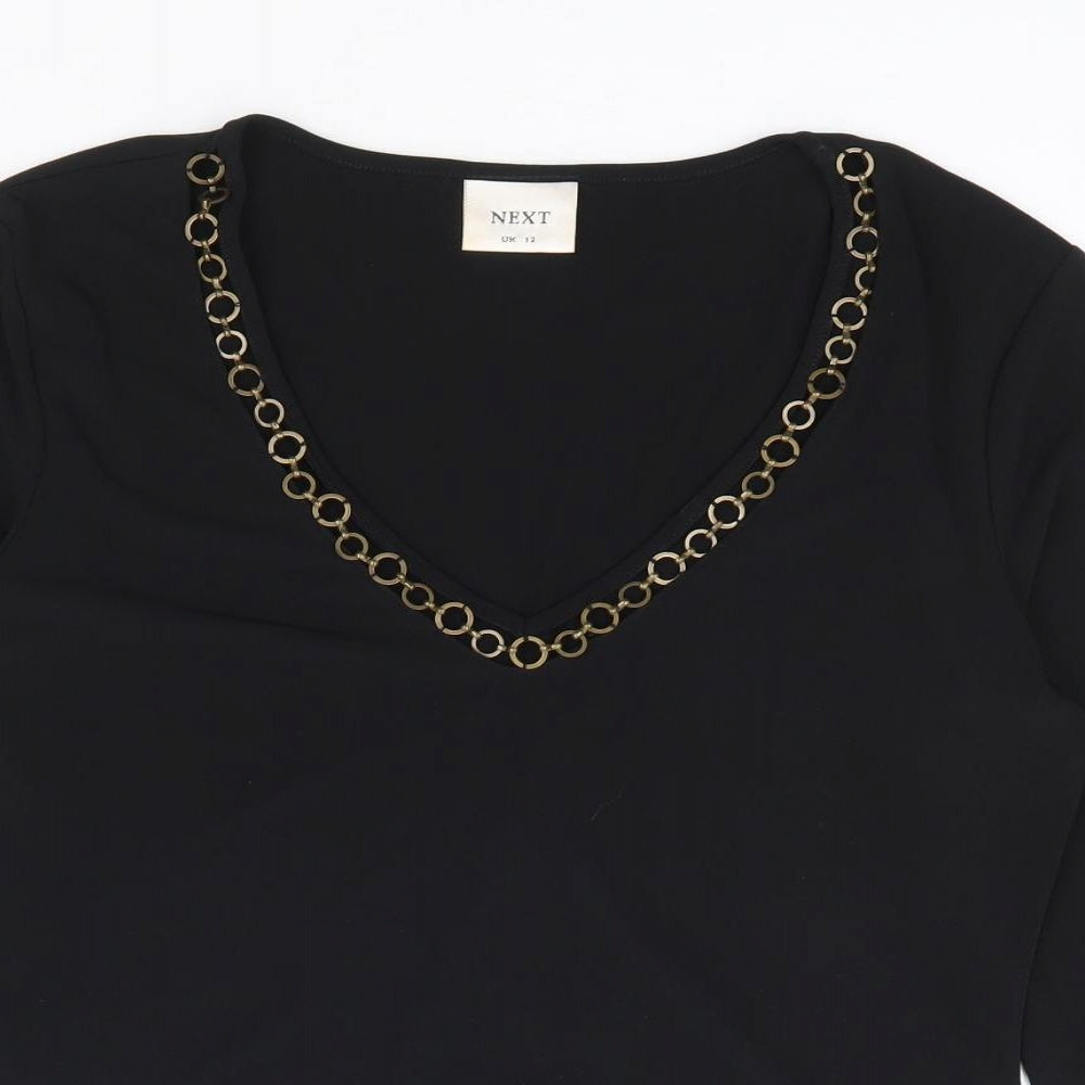 NEXT Womens Black Polyester Jersey T-Shirt Size 12 V-Neck