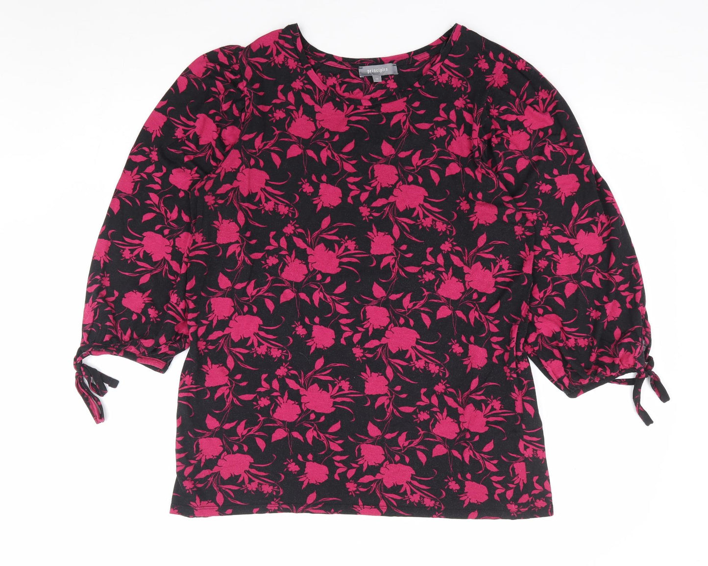 Principles Womens Black Floral Viscose Jersey Blouse Size 16 Round Neck