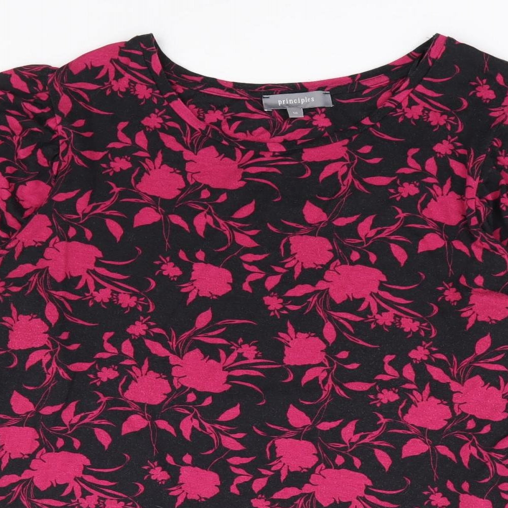 Principles Womens Black Floral Viscose Jersey Blouse Size 16 Round Neck