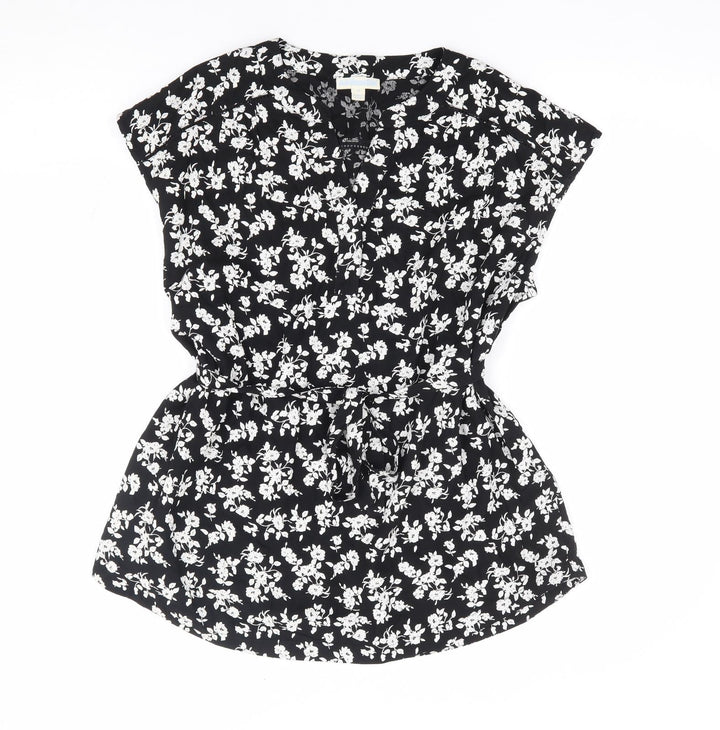 JoJo Maman Bébé Womens Black Floral Viscose Jersey Blouse Size M V-Neck