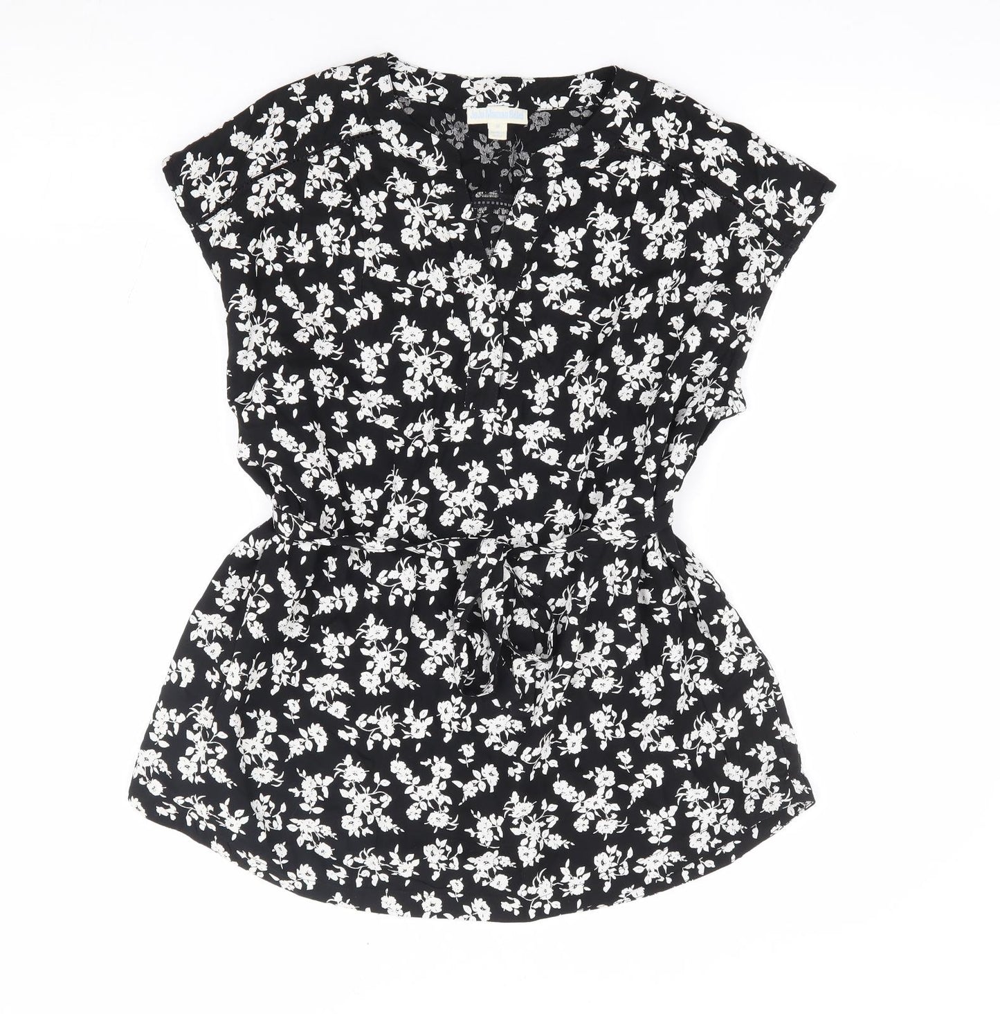 JoJo Maman Bébé Womens Black Floral Viscose Jersey Blouse Size M V-Neck