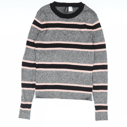 H&M Womens Grey Round Neck Striped Viscose Pullover Jumper Size S
