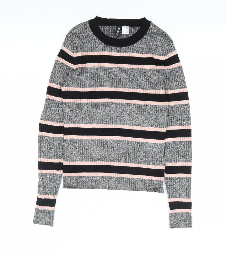H&M Womens Grey Round Neck Striped Viscose Pullover Jumper Size S