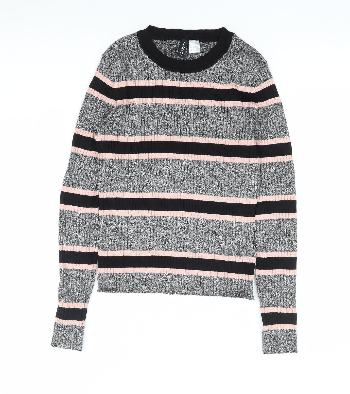 H&M Womens Grey Round Neck Striped Viscose Pullover Jumper Size S