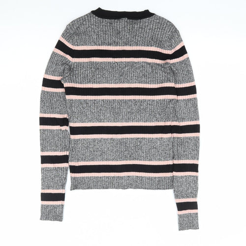 H&M Womens Grey Round Neck Striped Viscose Pullover Jumper Size S