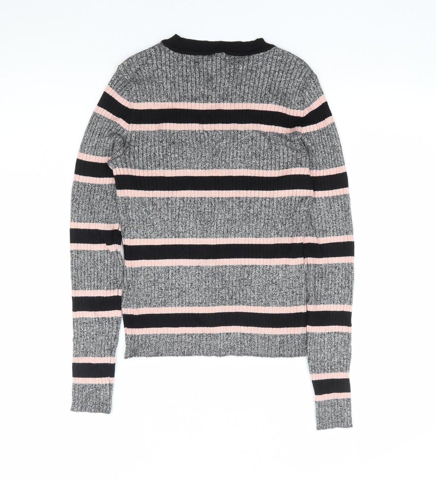 H&M Womens Grey Round Neck Striped Viscose Pullover Jumper Size S