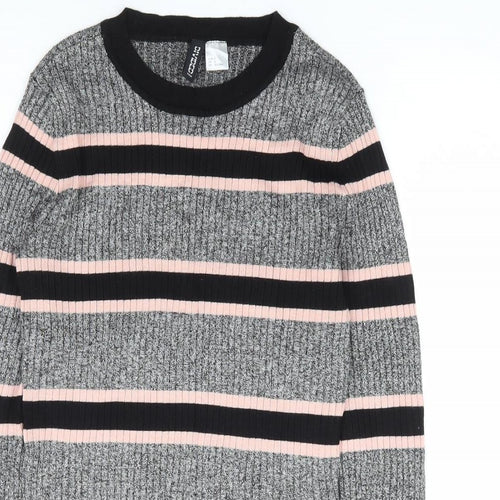 H&M Womens Grey Round Neck Striped Viscose Pullover Jumper Size S