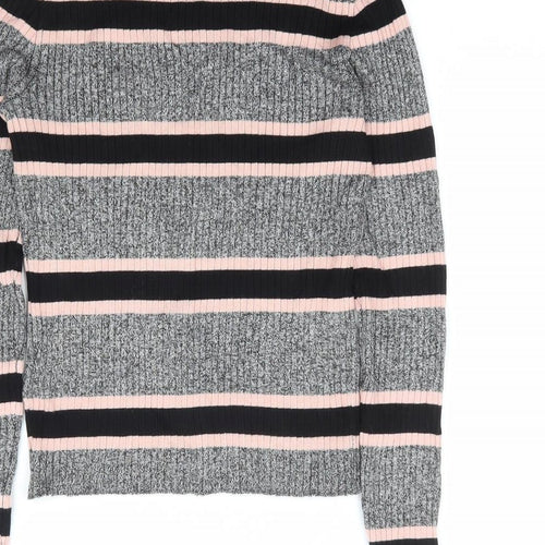 H&M Womens Grey Round Neck Striped Viscose Pullover Jumper Size S