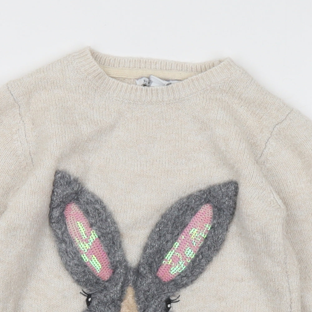 Primark Girls Beige Crew Neck Acrylic Pullover Jumper Size 4-5 Years - Rabbit