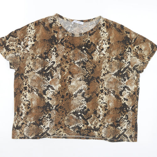 Zara Womens Brown Animal Print Polyester Basic T-Shirt Size S Round Neck