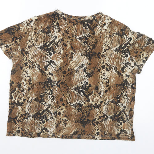 Zara Womens Brown Animal Print Polyester Basic T-Shirt Size S Round Neck