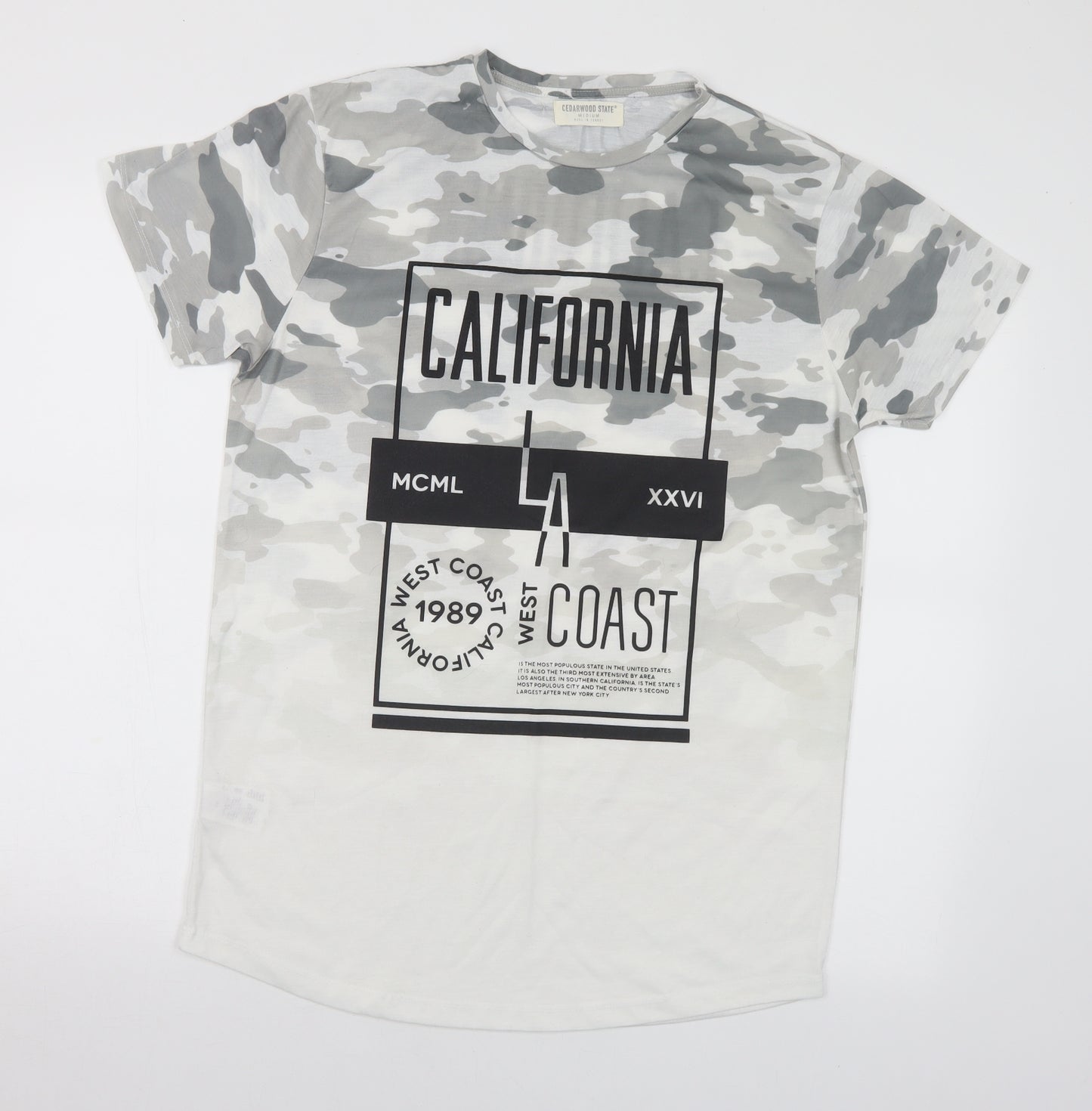 Cedar Wood State Mens Multicoloured Camouflage Polyester T-Shirt Size M Round Neck - California