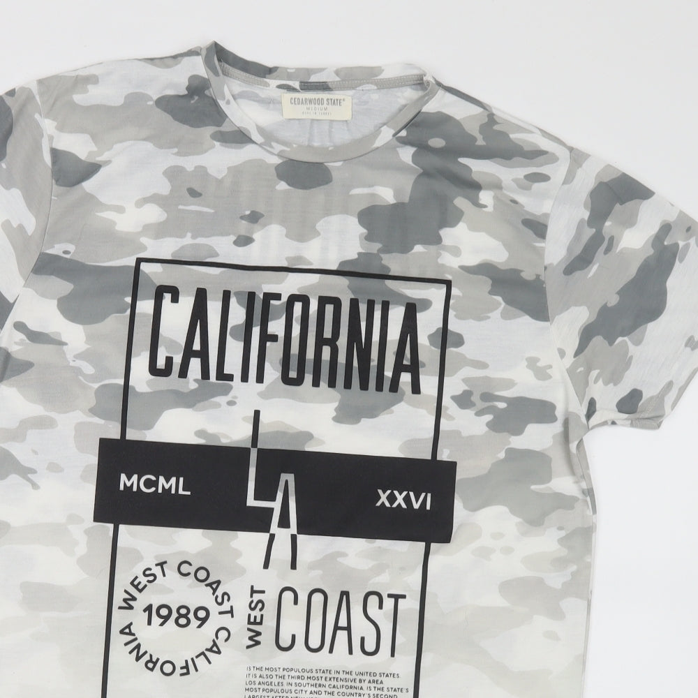 Cedar Wood State Mens Multicoloured Camouflage Polyester T-Shirt Size M Round Neck - California
