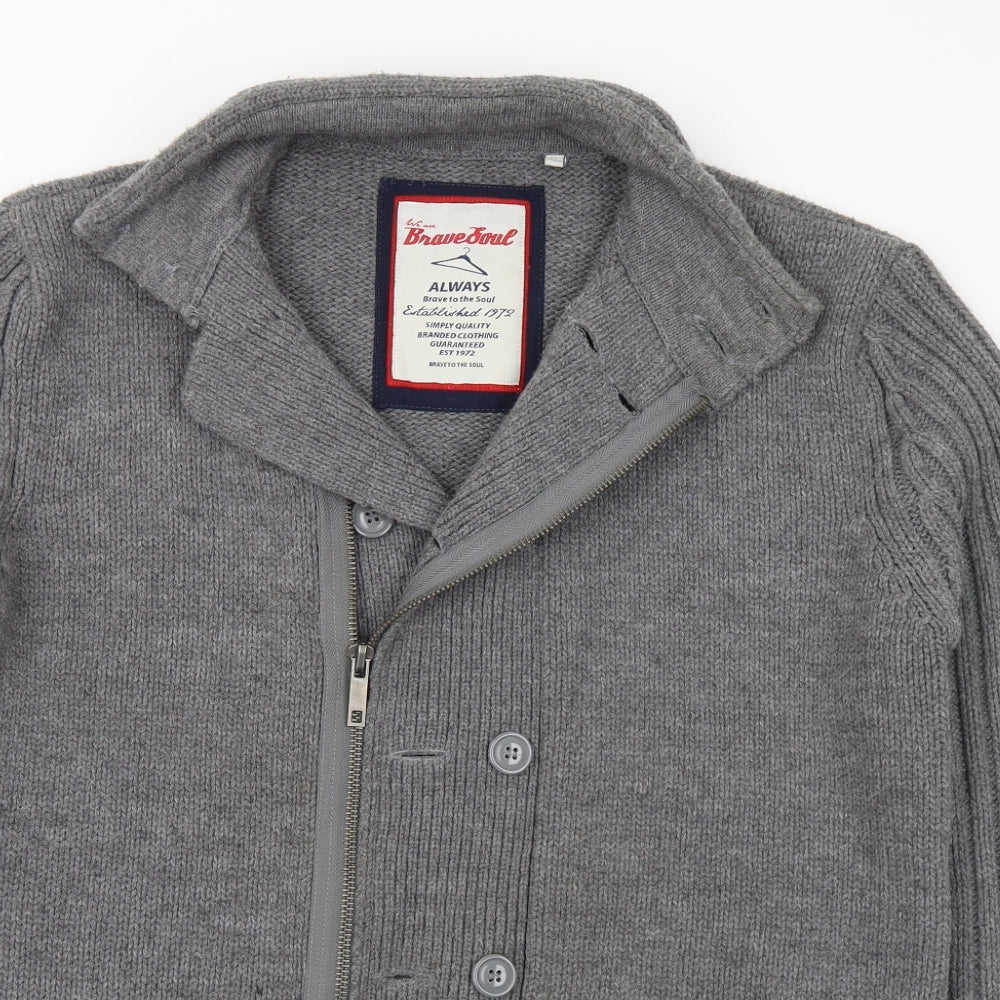 Brave Soul Mens Grey Collared Acrylic Full Zip Jumper Size XL