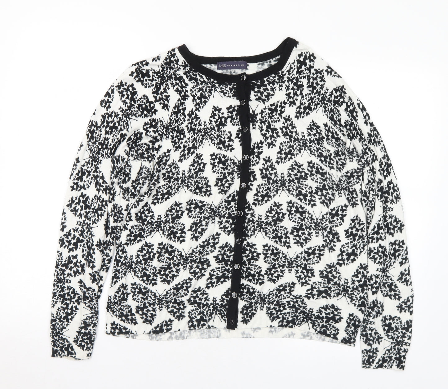 Marks and Spencer Womens White Round Neck Geometric Viscose Cardigan Jumper Size 18 - Butterflies