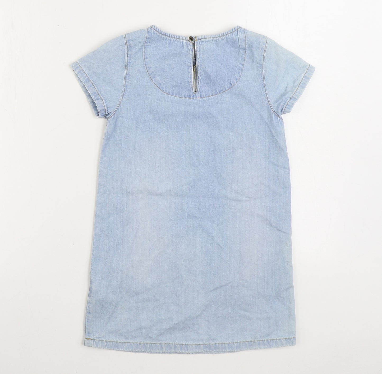 F&F Girls Blue Cotton Pinafore/Dungaree Dress Size 7 Years Round Neck Button