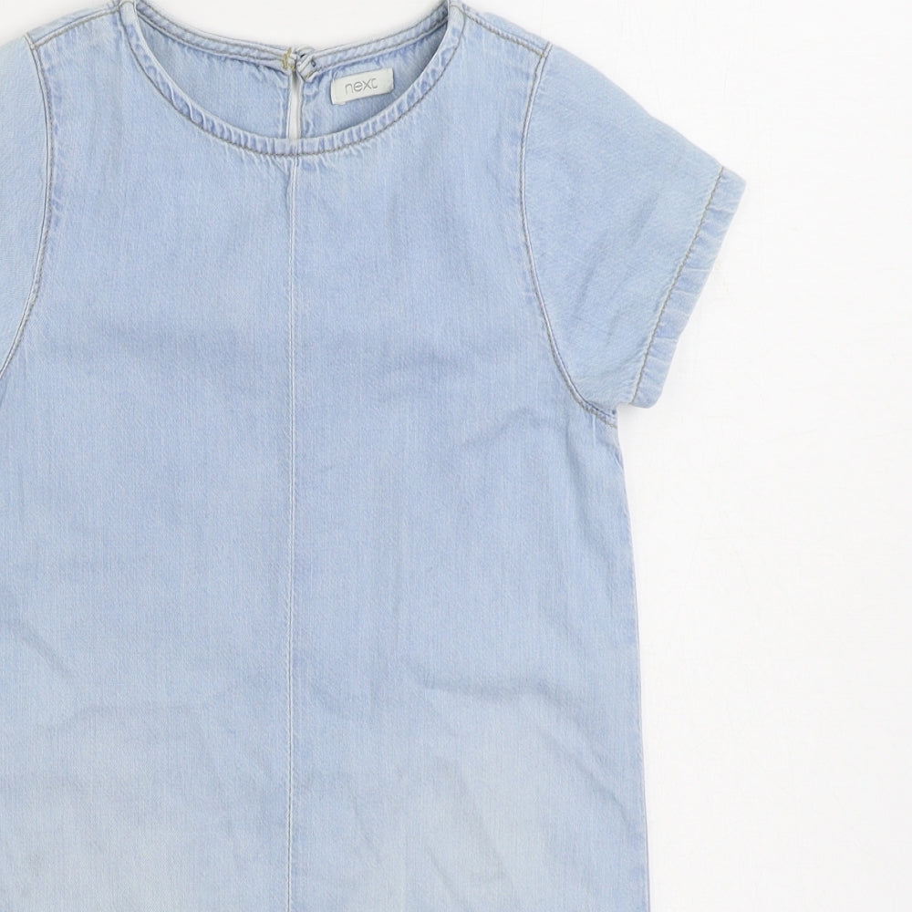 F&F Girls Blue Cotton Pinafore/Dungaree Dress Size 7 Years Round Neck Button