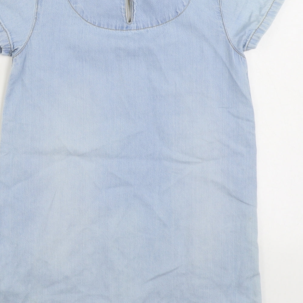 F&F Girls Blue Cotton Pinafore/Dungaree Dress Size 7 Years Round Neck Button