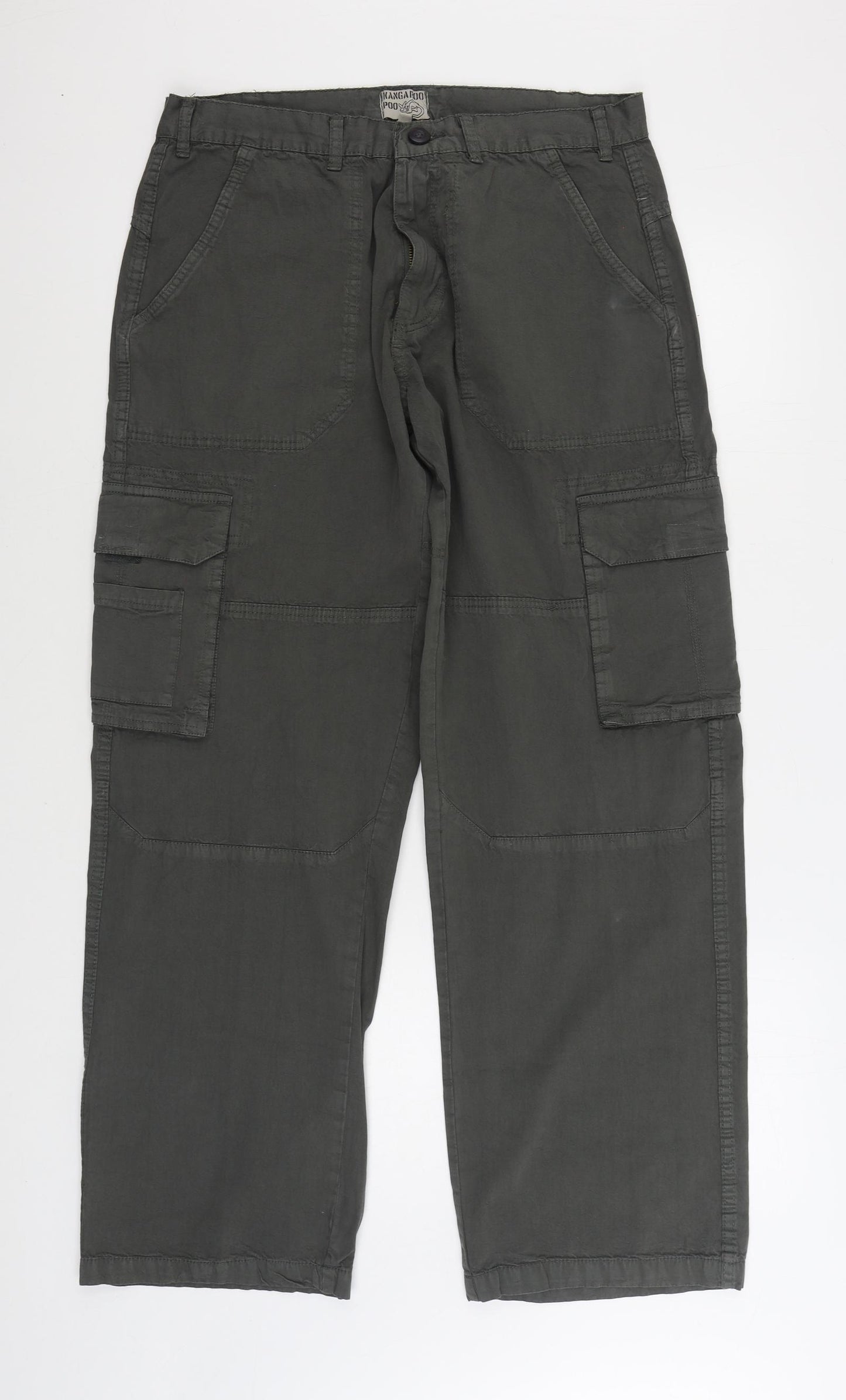 Kangaroo Poo Mens Grey Cotton Cargo Trousers Size 34 in L32 in Regular Zip