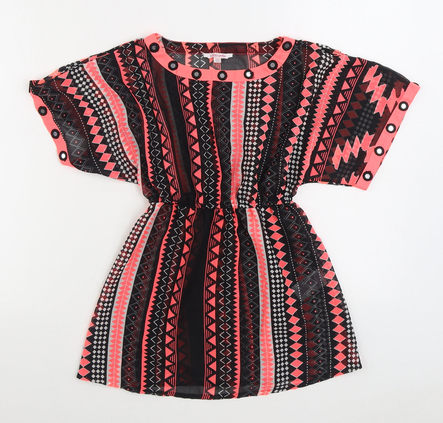 Miss E-Vie Girls Pink Geometric Polyester Skater Dress Size 9-10 Years Boat Neck Pullover - Beach Cover Up