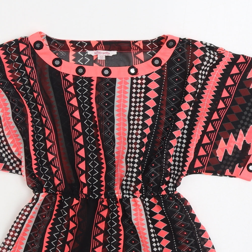 Miss E-Vie Girls Pink Geometric Polyester Skater Dress Size 9-10 Years Boat Neck Pullover - Beach Cover Up