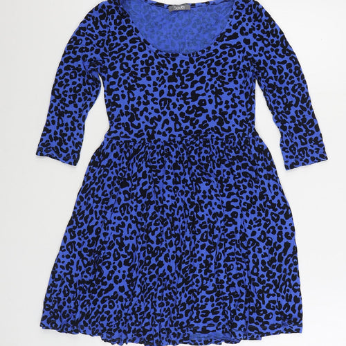 South Womens Blue Animal Print Viscose Skater Dress Size 10 Scoop Neck Pullover