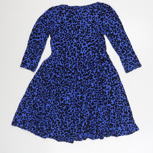 South Womens Blue Animal Print Viscose Skater Dress Size 10 Scoop Neck Pullover