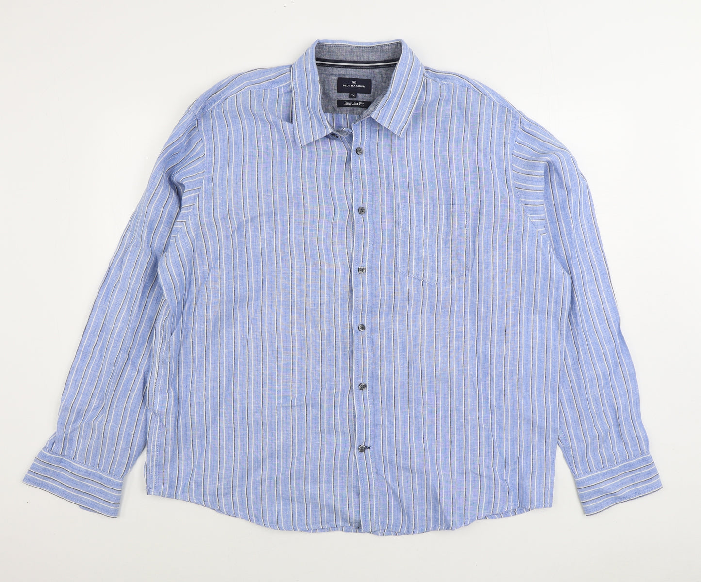 Marks and Spencer Mens Blue Striped Linen Button-Up Size 2XL Collared Button