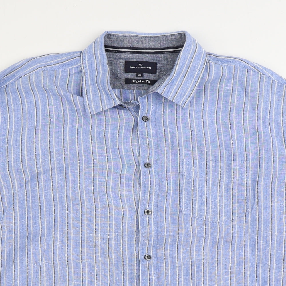 Marks and Spencer Mens Blue Striped Linen Button-Up Size 2XL Collared Button