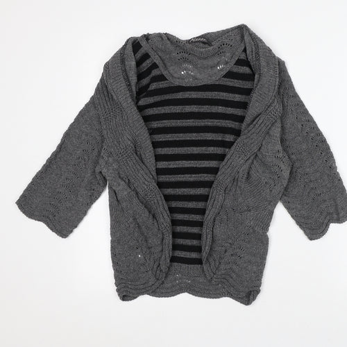 Alexara Womens Grey Round Neck Striped Cotton Cardigan Jumper Size M