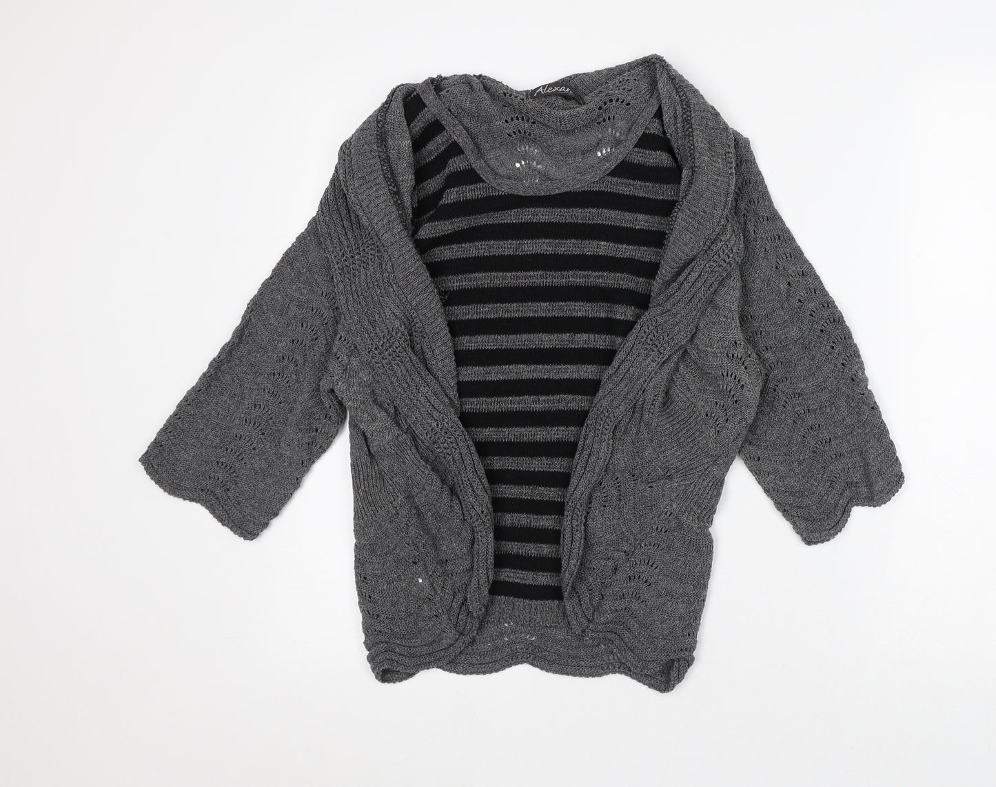 Alexara Womens Grey Round Neck Striped Cotton Cardigan Jumper Size M