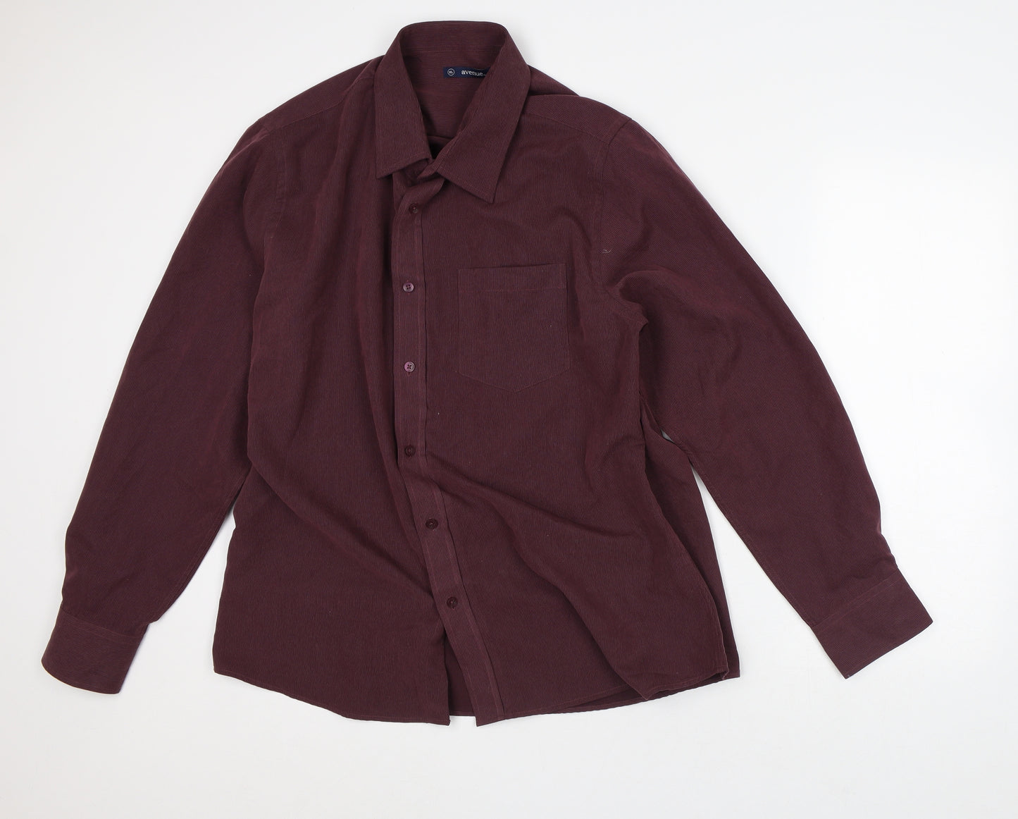 Avenue Mens Brown Striped Polyester Button-Up Size XL Collared