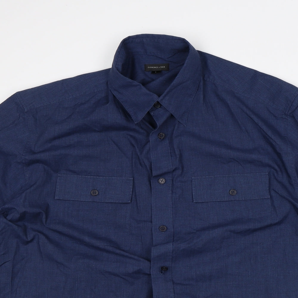 Florence and Fred Mens Blue Geometric Polyester Button-Up Size L Collared