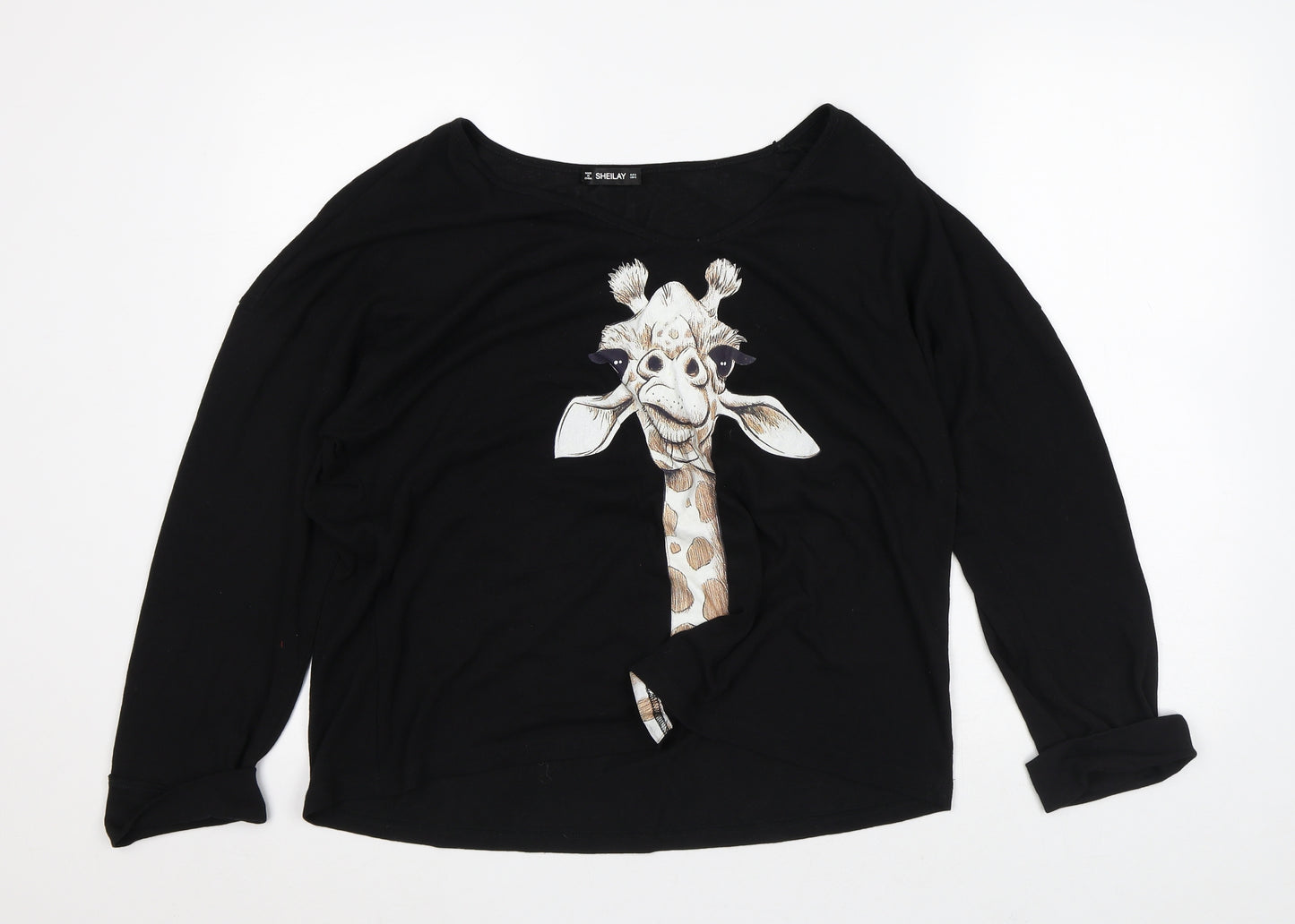Sheilay Womens Black Polyester Basic T-Shirt Size S Round Neck - Giraffe