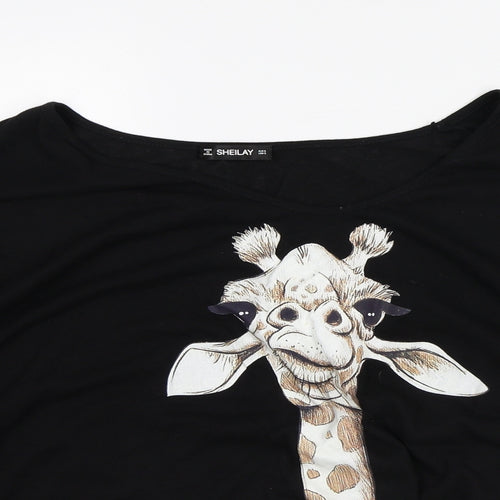Sheilay Womens Black Polyester Basic T-Shirt Size S Round Neck - Giraffe