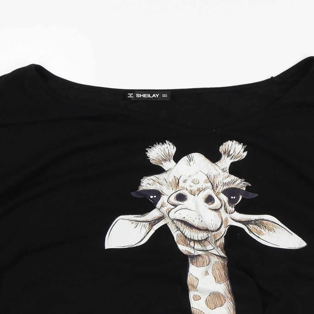 Sheilay Womens Black Polyester Basic T-Shirt Size S Round Neck - Giraffe