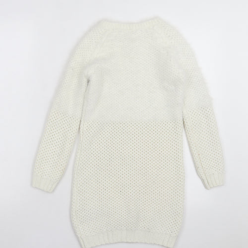 Marks and Spencer Girls White Acrylic Jumper Dress Size 8-9 Years Crew Neck Pullover