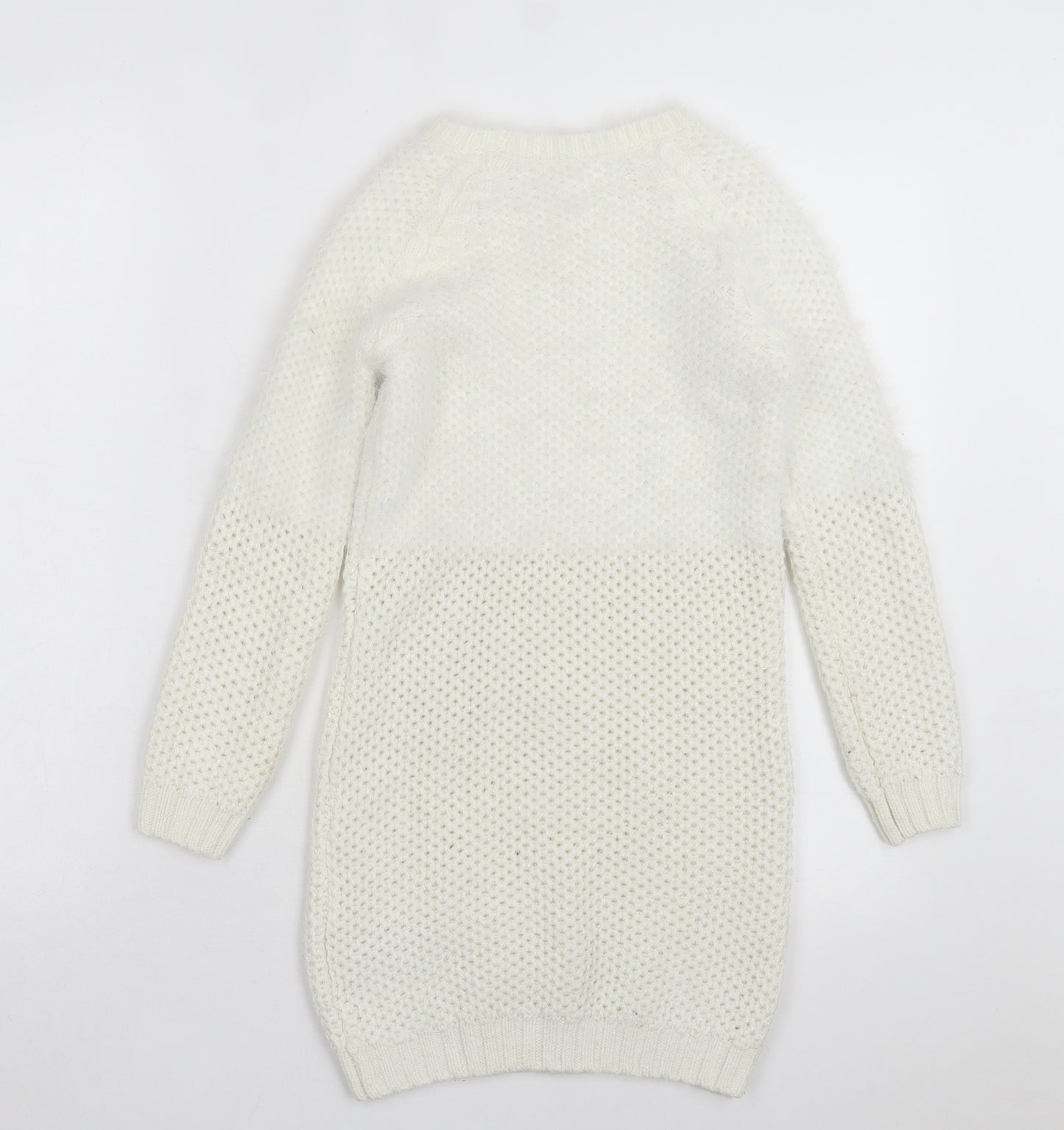 Marks and Spencer Girls White Acrylic Jumper Dress Size 8-9 Years Crew Neck Pullover