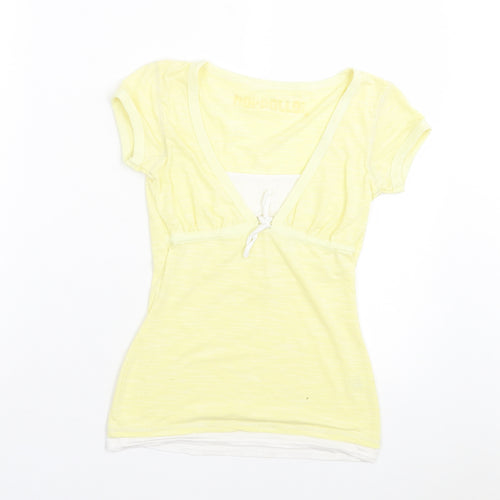 noi polloi Womens Yellow Cotton Basic T-Shirt Size 8 V-Neck