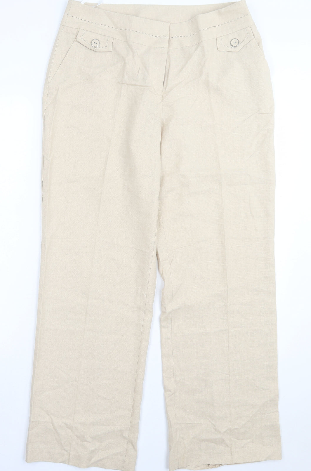 BHS Womens Beige Linen Trousers Size 14 L30 in Regular Hook & Eye