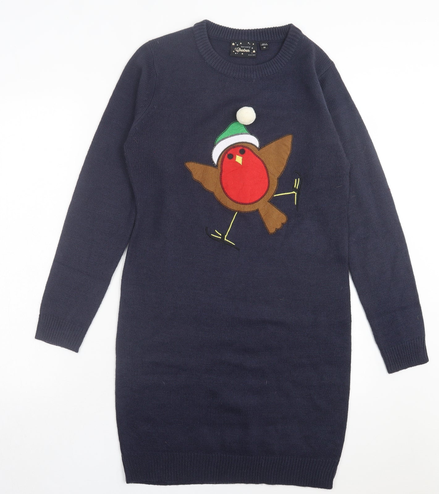 Brave Soul Womens Blue Acrylic Jumper Dress Size M Crew Neck Pullover - Christmas