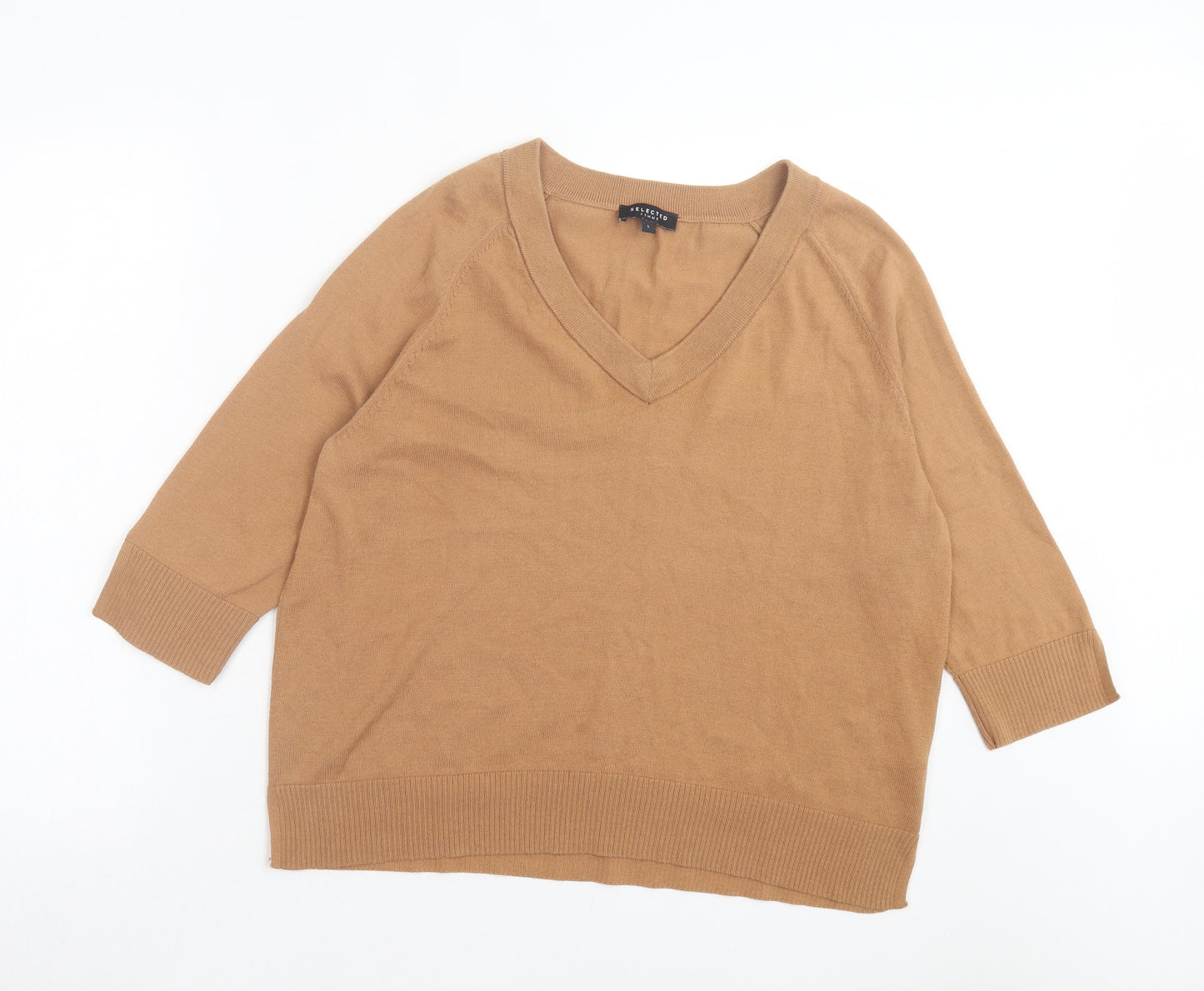 Selected Femme Womens Brown Cotton Basic T-Shirt Size L V-Neck
