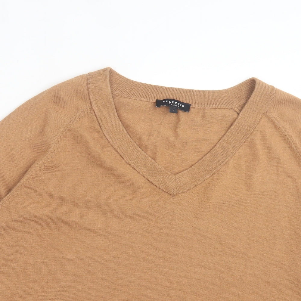 Selected Femme Womens Brown Cotton Basic T-Shirt Size L V-Neck