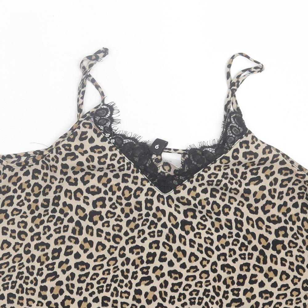 H&M Womens Brown Animal Print Polyester Basic Tank Size 6 V-Neck
