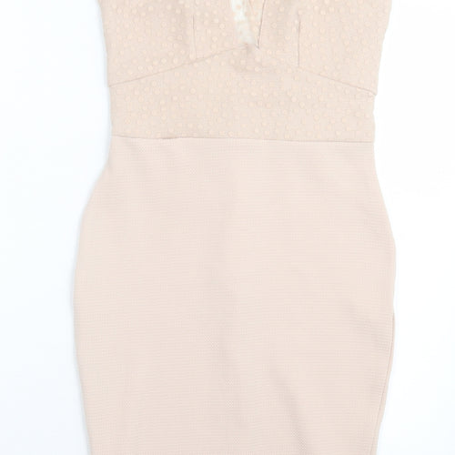 TFNC Womens Beige Polka Dot Polyester Bodycon Size M Crew Neck Button