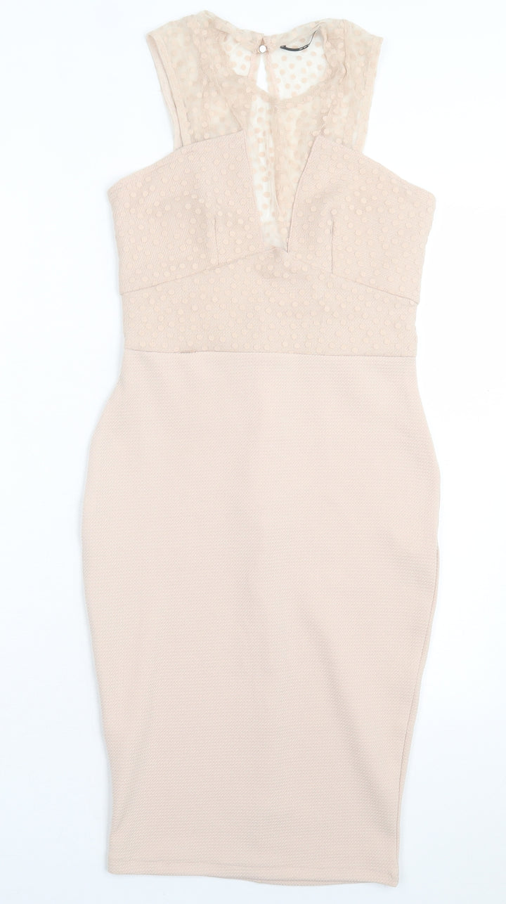 TFNC Womens Beige Polka Dot Polyester Bodycon Size M Crew Neck Button