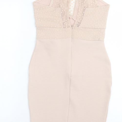 TFNC Womens Beige Polka Dot Polyester Bodycon Size M Crew Neck Button