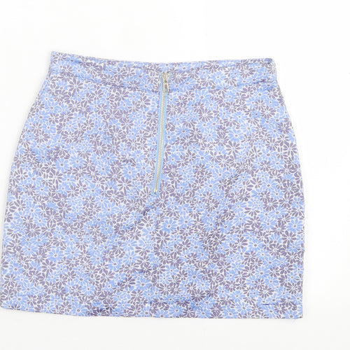 Exhibit Womens Blue Floral Polyester A-Line Skirt Size 8 Zip